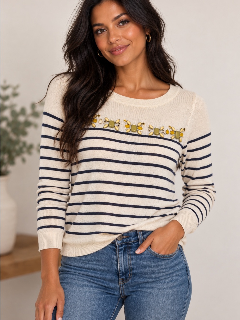 LOFT Cream and Navy Striped Crewneck Sweater with Yellow Embellishments